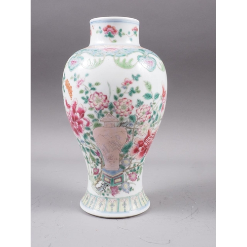 85 - A Chinese famille rose baluster vase with vase and flower decoration, ring mark to base, 8 1/4