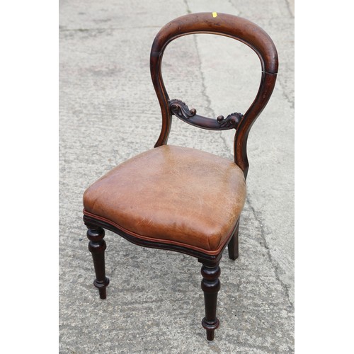 443 - A harlequin set of  six  Victorian mahogany loop back dining chairs, upholstered in a brown leather,... 