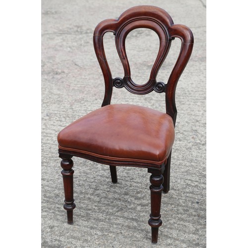 443 - A harlequin set of  six  Victorian mahogany loop back dining chairs, upholstered in a brown leather,... 