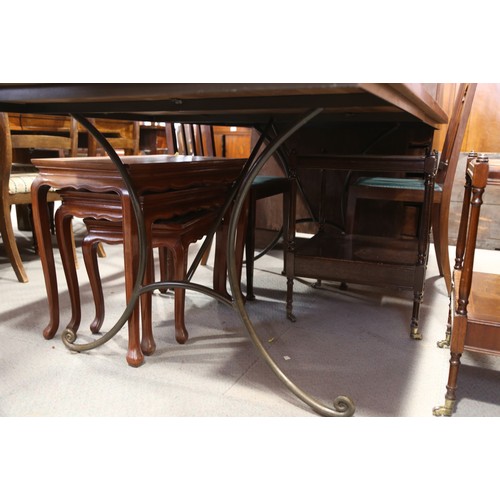 496 - A cherrywood planked top refectory table, on wrought iron support, 72