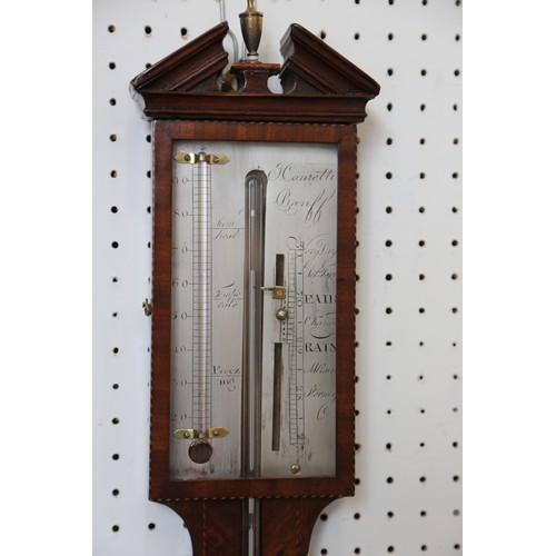 123 - A 19th century mahogany and string inlaid stick barometer with architectural pediment over silvered ... 