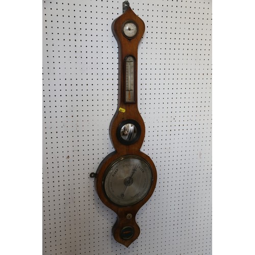 124 - A 19th century walnut cased barometer, thermometer and hygrometer with silvered dials, 37