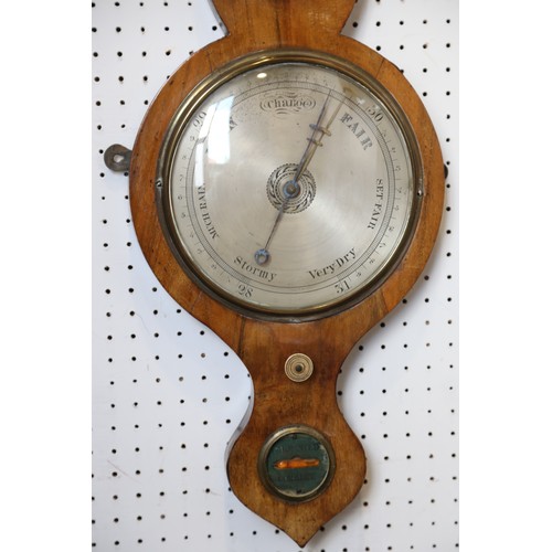 124 - A 19th century walnut cased barometer, thermometer and hygrometer with silvered dials, 37