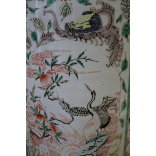 68 - A Chinese rouleau vase, decorated panels with animals, mythical beasts, insects, landscapes and flow... 