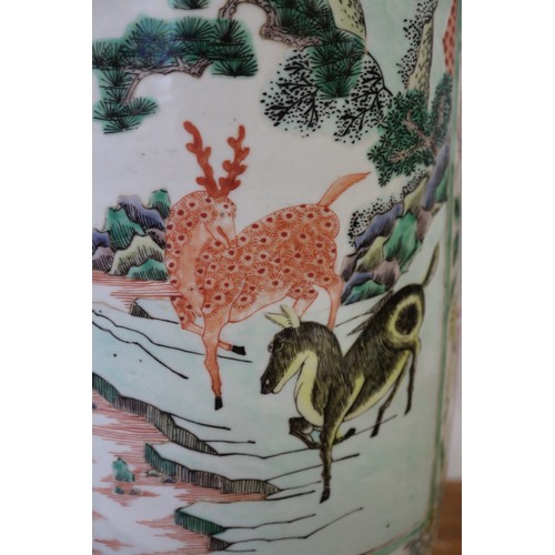 68 - A Chinese rouleau vase, decorated panels with animals, mythical beasts, insects, landscapes and flow... 