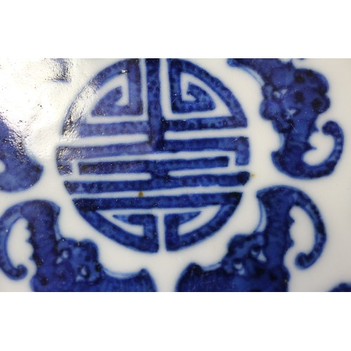 93 - A Chinese blue and white dish with fruit, flower and bat decoration, 8 1/2