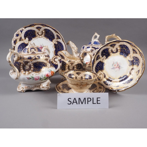 32 - A 19th century Worcester part teaset, decorated with floral sprays and blue and gilt borders (damage... 