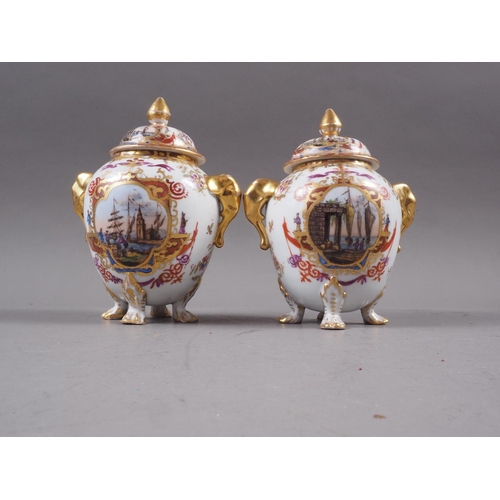 8 - A pair of 19th continental porcelain century two-handled jars and covers, decorated panels with boat... 