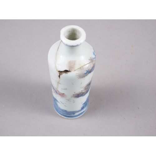 82 - A Chinese blue, white and iron oxide glazed scent bottle with landscape decoration, 3 1/8