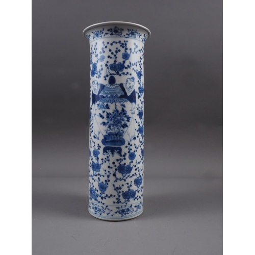 83 - A Chinese blue and white flared rim vase, decorated with two figures carrying an urn and birds and f... 