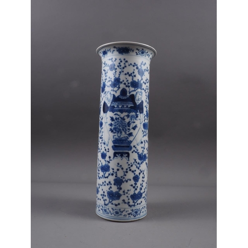 83 - A Chinese blue and white flared rim vase, decorated with two figures carrying an urn and birds and f... 