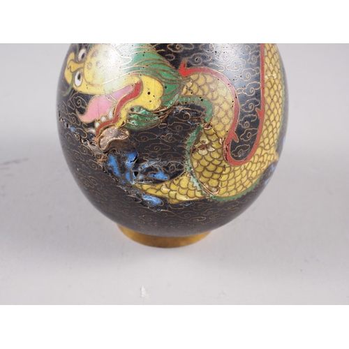 94 - A pair of Chinese cloisonne baluster vases with dragon, lotus flower and scroll decoration, 9 1/2