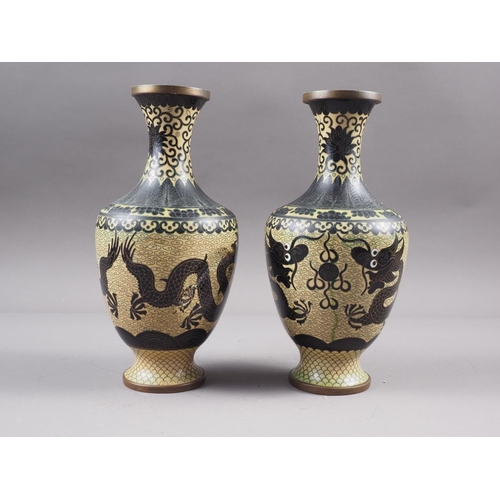 94 - A pair of Chinese cloisonne baluster vases with dragon, lotus flower and scroll decoration, 9 1/2