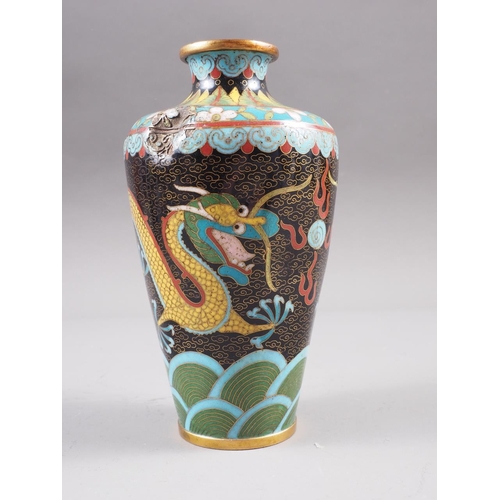 94 - A pair of Chinese cloisonne baluster vases with dragon, lotus flower and scroll decoration, 9 1/2