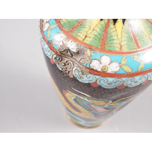 94 - A pair of Chinese cloisonne baluster vases with dragon, lotus flower and scroll decoration, 9 1/2