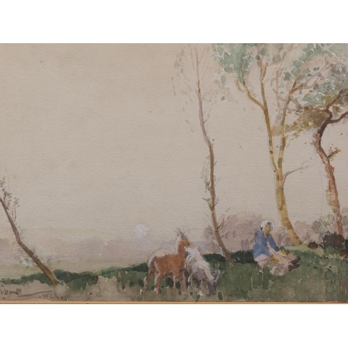 333 - Thomas William Pattison, 1923: watercolour sketch, goatherder and goats at sunset, 8 3/4