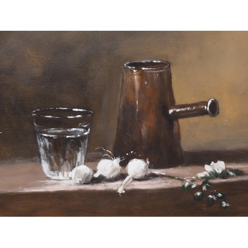 388 - Follower of Roy Barley: oil on board, still life of coffee pot tumbler and garlic, 11 1/2