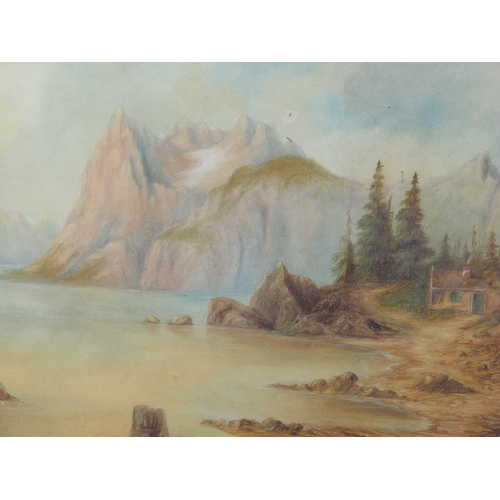 373 - North American School: oil on board, rocky mountains and log cabin by a lake, 8 1/2