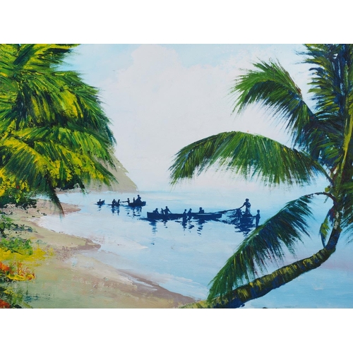 375 - Kenneth Abendana Spencer: oil on canvas, Jamaican coastal scene with palm trees and boats, 23 1/4