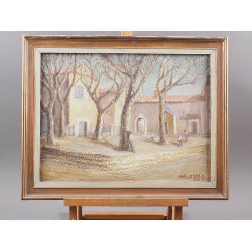 384 - Margot Russell: five oil paintings, Continental scenes, including Spanish hill town, 17