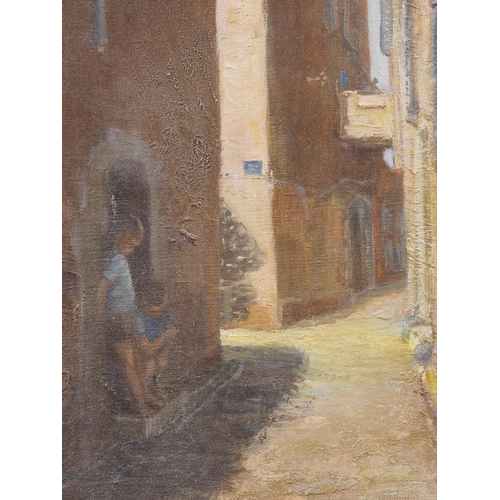 384 - Margot Russell: five oil paintings, Continental scenes, including Spanish hill town, 17