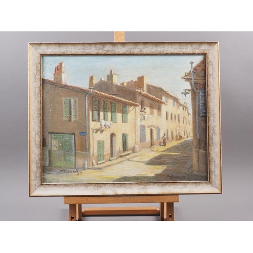 384 - Margot Russell: five oil paintings, Continental scenes, including Spanish hill town, 17