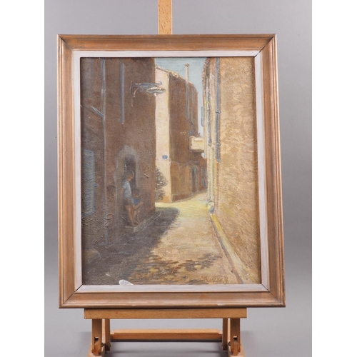 384 - Margot Russell: five oil paintings, Continental scenes, including Spanish hill town, 17