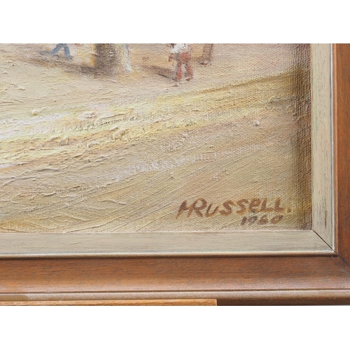 384 - Margot Russell: five oil paintings, Continental scenes, including Spanish hill town, 17