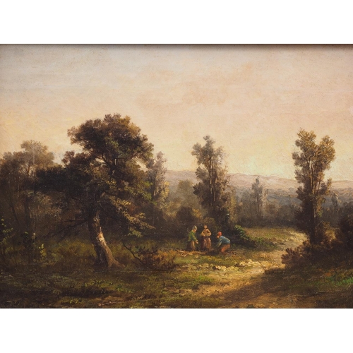 385 - A 19th century Norwich school oil on canvas, figures in a landscape, John Noot gallery label verso, ... 