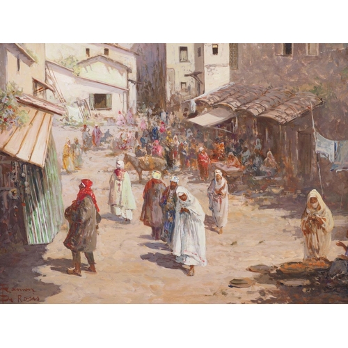 386 - Ramon De Rosis: oil on board, Middle Eastern market scene, 9