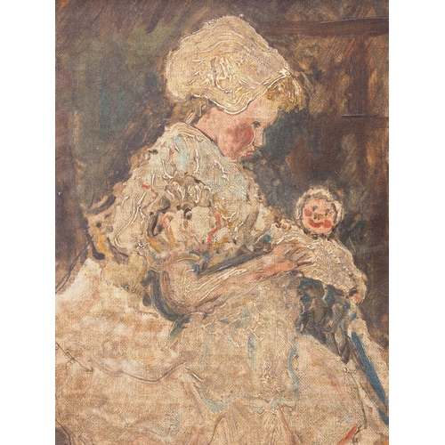 387 - Dutch 19th century school: oil on canvas faced board sketch of a child with a doll, 10