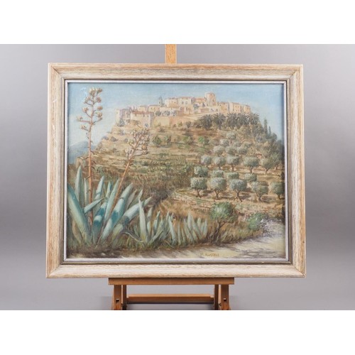 384 - Margot Russell: five oil paintings, Continental scenes, including Spanish hill town, 17