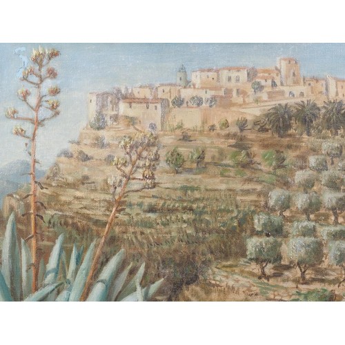 384 - Margot Russell: five oil paintings, Continental scenes, including Spanish hill town, 17