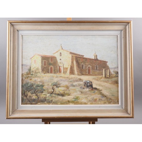 384 - Margot Russell: five oil paintings, Continental scenes, including Spanish hill town, 17