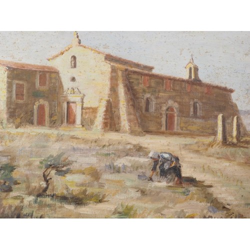 384 - Margot Russell: five oil paintings, Continental scenes, including Spanish hill town, 17