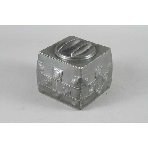 127 - A Tudric pewter square biscuit box and cover, after Archibald Knox, base stamped 