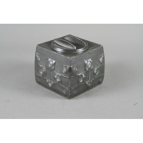 127 - A Tudric pewter square biscuit box and cover, after Archibald Knox, base stamped 