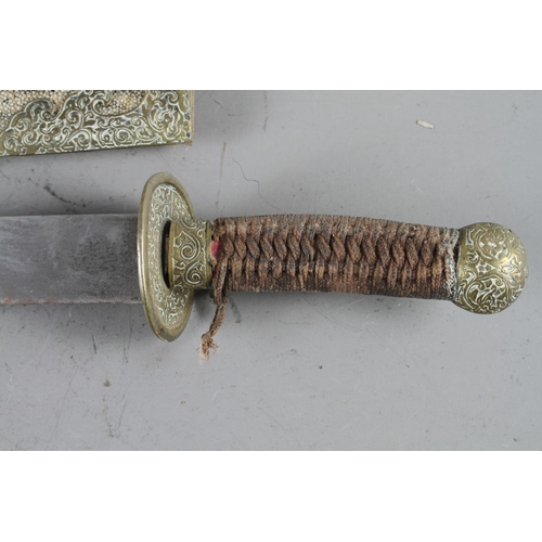 156 - A Oriental sword with shagreen sheath and brass mounts, 18 1/2