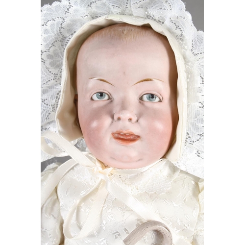 163 - A bisque headed doll, in cream lace trimmed gown, 15