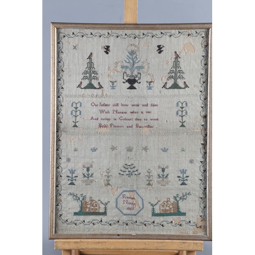 169 - An early 19th century verse sampler with buildings, birds and trees, by Francis Nixon 1822 (holed), ... 