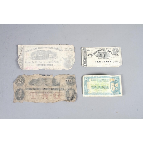 289 - A 19th century bank state of South Carolina two-dollar bill, a similar ten-cent bill, five 1920 Belg... 