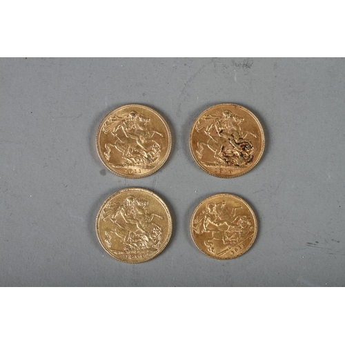 292 - Three gold sovereigns, dated 1900, 1910 and 1911, and a gold half sovereign, dated 1911