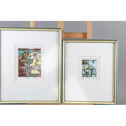 297 - Clarke: four linocuts, still lifes, in strip frames, and a colour print after Rousseau, in strip fra... 