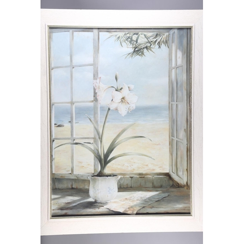 300 - Y de Velleneuve: a pair of colour prints, flowers in beach window and a botanical study, in strip fr... 