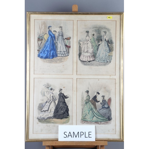 306 - A set of twenty late Victorian hand-coloured fashion plates, in five common gilt frames (foxed), and... 