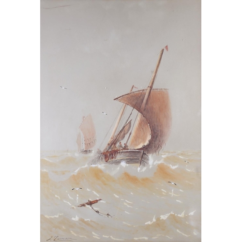 313 - A watercolour, fishing boats in a choppy sea, 12