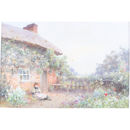 338 - Benjamin D Sigmund: watercolours, child outside a thatched cottage, 10