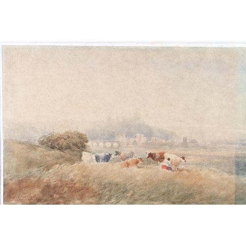 345 - David Cox, 1840: watercolour sketch, landscape with distant town and hilltop castle, mounted