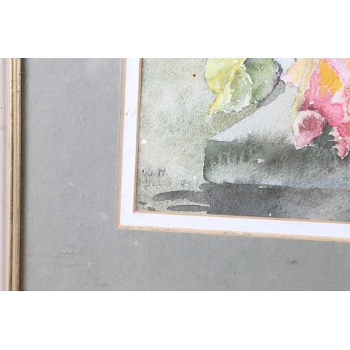 353 - W M Mills: two watercolours, floral studies, in strip frames