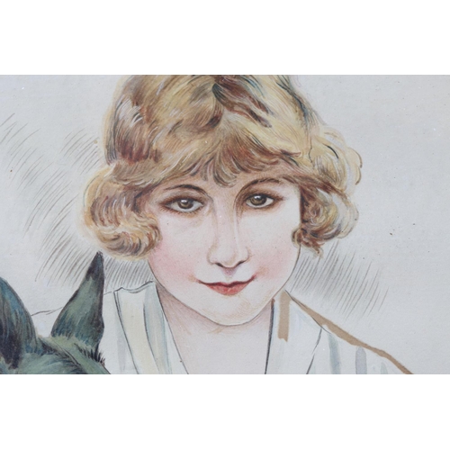 354 - S W Allen: watercolours, 1930s women with dogs, 9 3/4